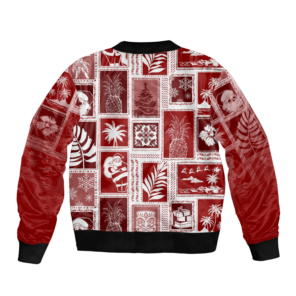 Red patchwork bomber jacket with ribbed collar, ribbed cuffs, and holiday print