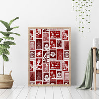 Red patchwork wall art with Hawaiian-style Christmas icons in a light wood frame