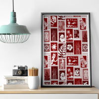 Red patchwork wall art with Hawaiian-style Christmas icons in a dark frame