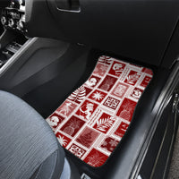 Red patchwork Christmas car mat with square tile pattern and holiday icons