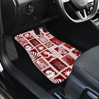 Red patchwork Christmas car floor mat with festive square block pattern and icons