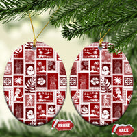 Red ceramic patchwork ornament, oval disc with gold hanging loop
