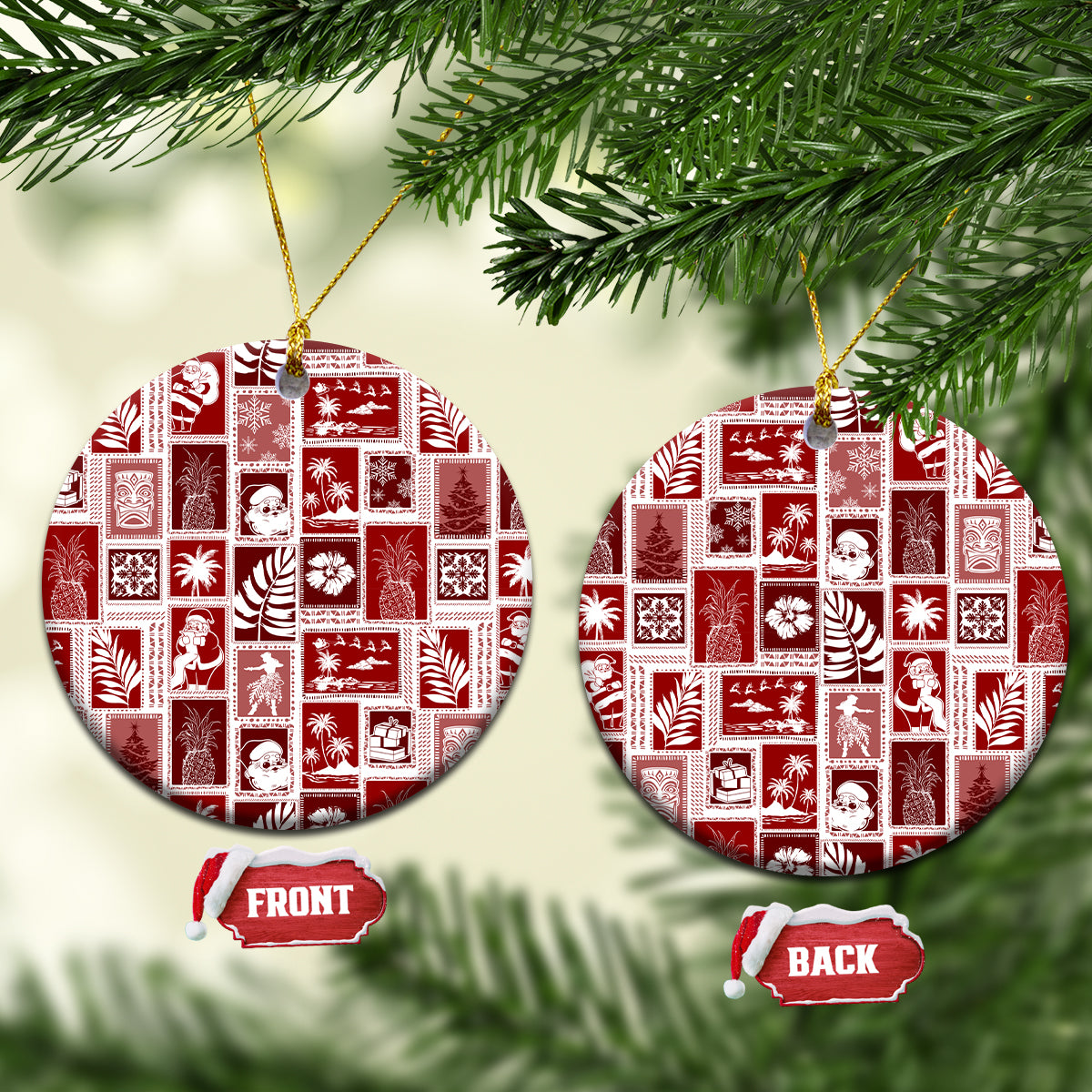 Red ceramic patchwork ornament, round disc with gold hanging loop and quilt-style icons
