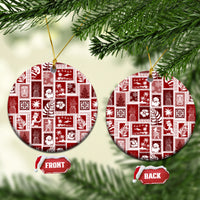 Red ceramic patchwork ornament, round disc with gold hanging loop and quilt-style icons
