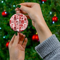 Red ceramic patchwork ornament, round disc with gold loop held in hands