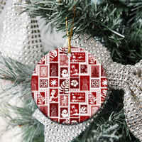 Red ceramic patchwork ornament, round disc on a branch with gold hanging loop