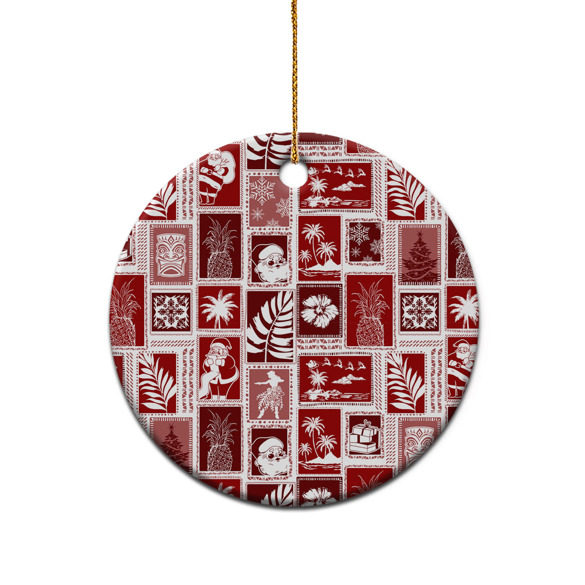 Red ceramic patchwork ornament, round disc with gold hanging loop on plain background