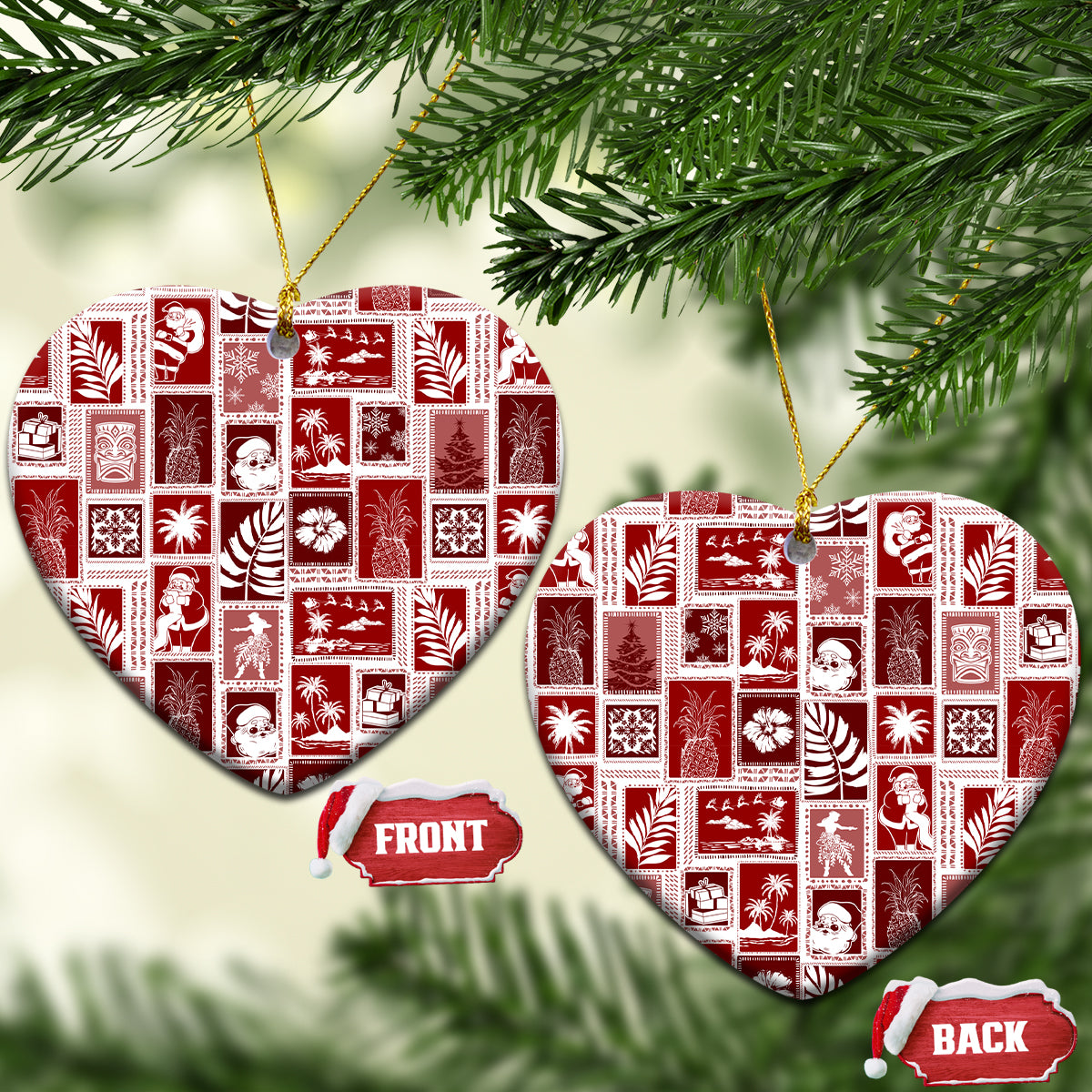 Red ceramic patchwork ornament, heart shape with gold hanging loop