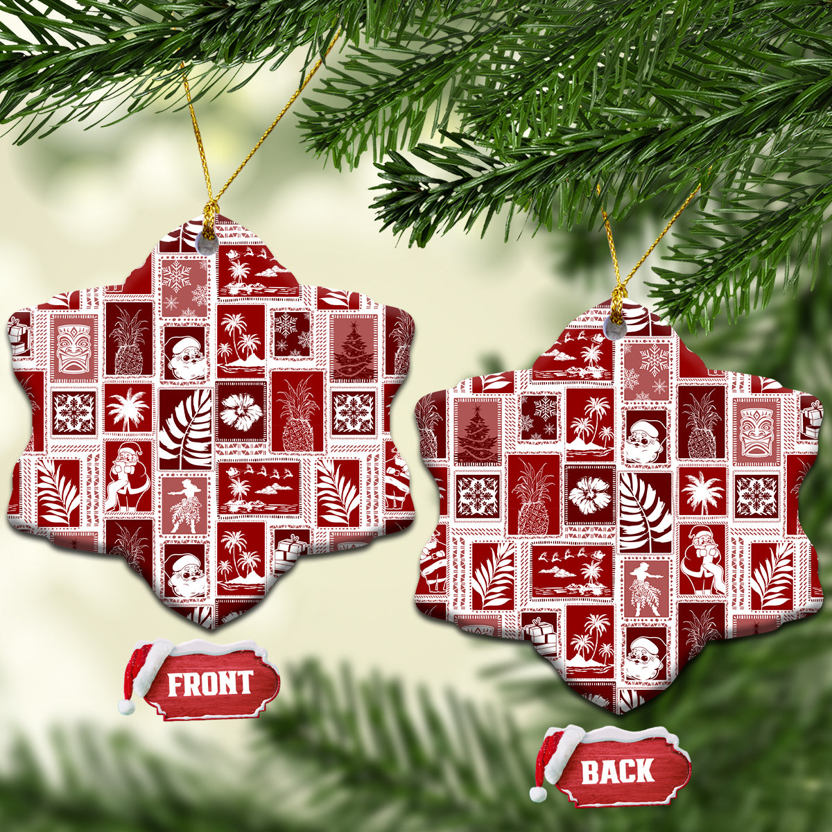 Red ceramic patchwork ornament, star shape with gold hanging loop