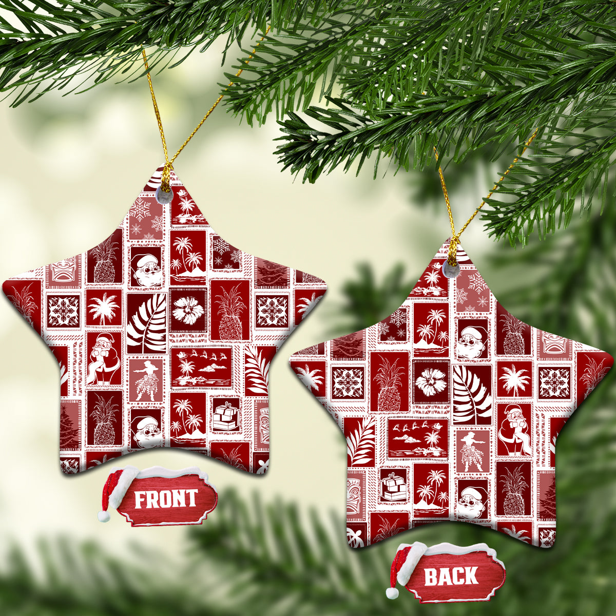 Red ceramic patchwork ornament, star shape with gold hanging loop