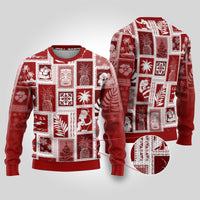 Red ugly Christmas sweater with white patchwork blocks and festive island graphics