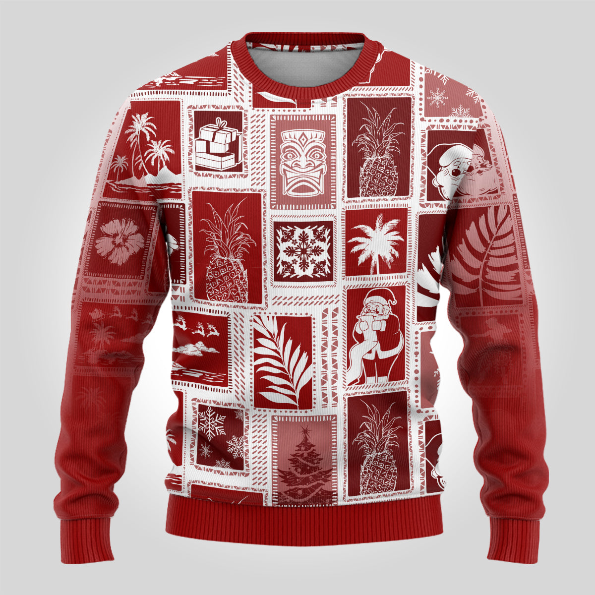 Red crewneck ugly Christmas sweater with white patchwork panels and holiday icons