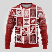 Red crewneck ugly Christmas sweater with white patchwork panels and holiday icons
