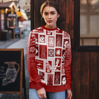 Red ugly Christmas sweater with white patterned patchwork and crew neckline