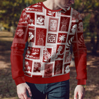 Red long-sleeve ugly Christmas sweater with white patchwork squares and holiday motifs