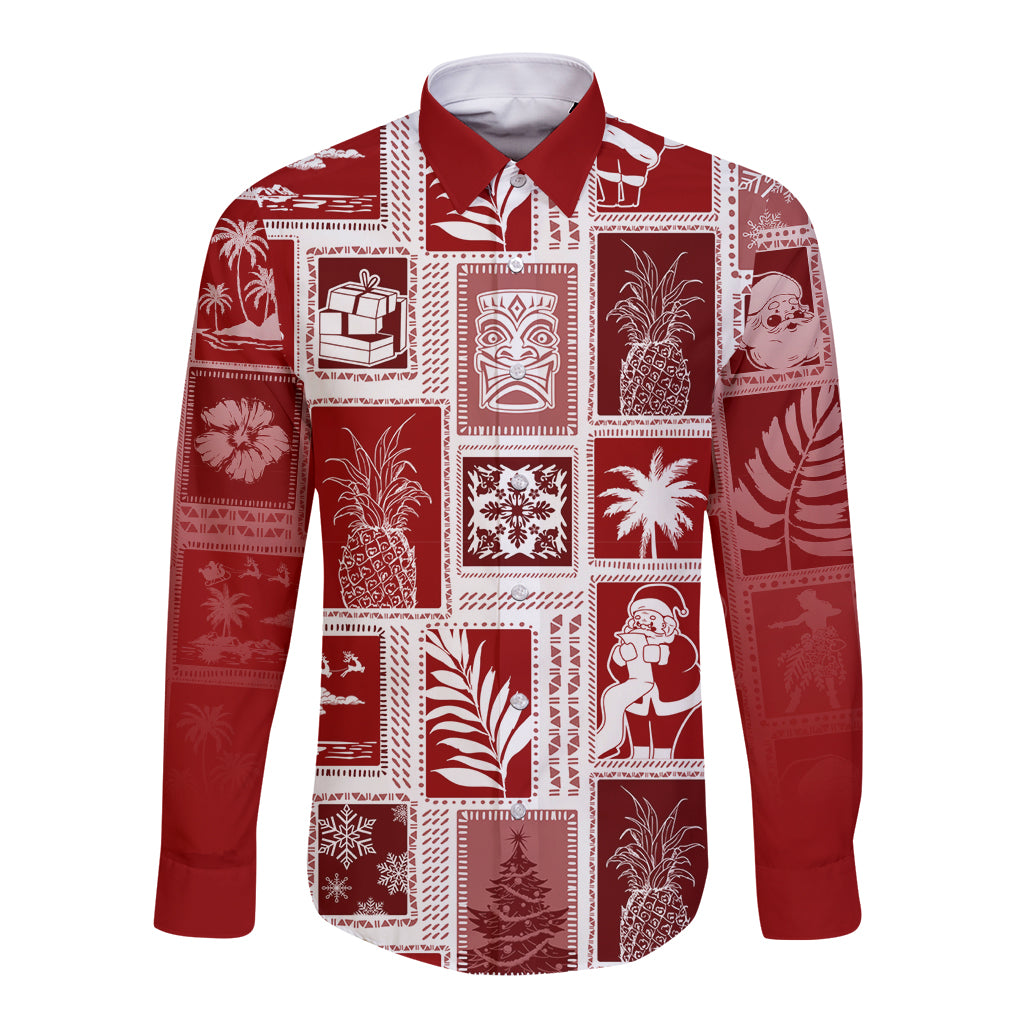 Red long-sleeve button shirt with patchwork holiday prints, pointed collar