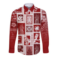 Red long-sleeve button shirt with patchwork holiday prints, pointed collar