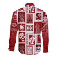 Red long-sleeve button shirt with patchwork holiday prints, back view