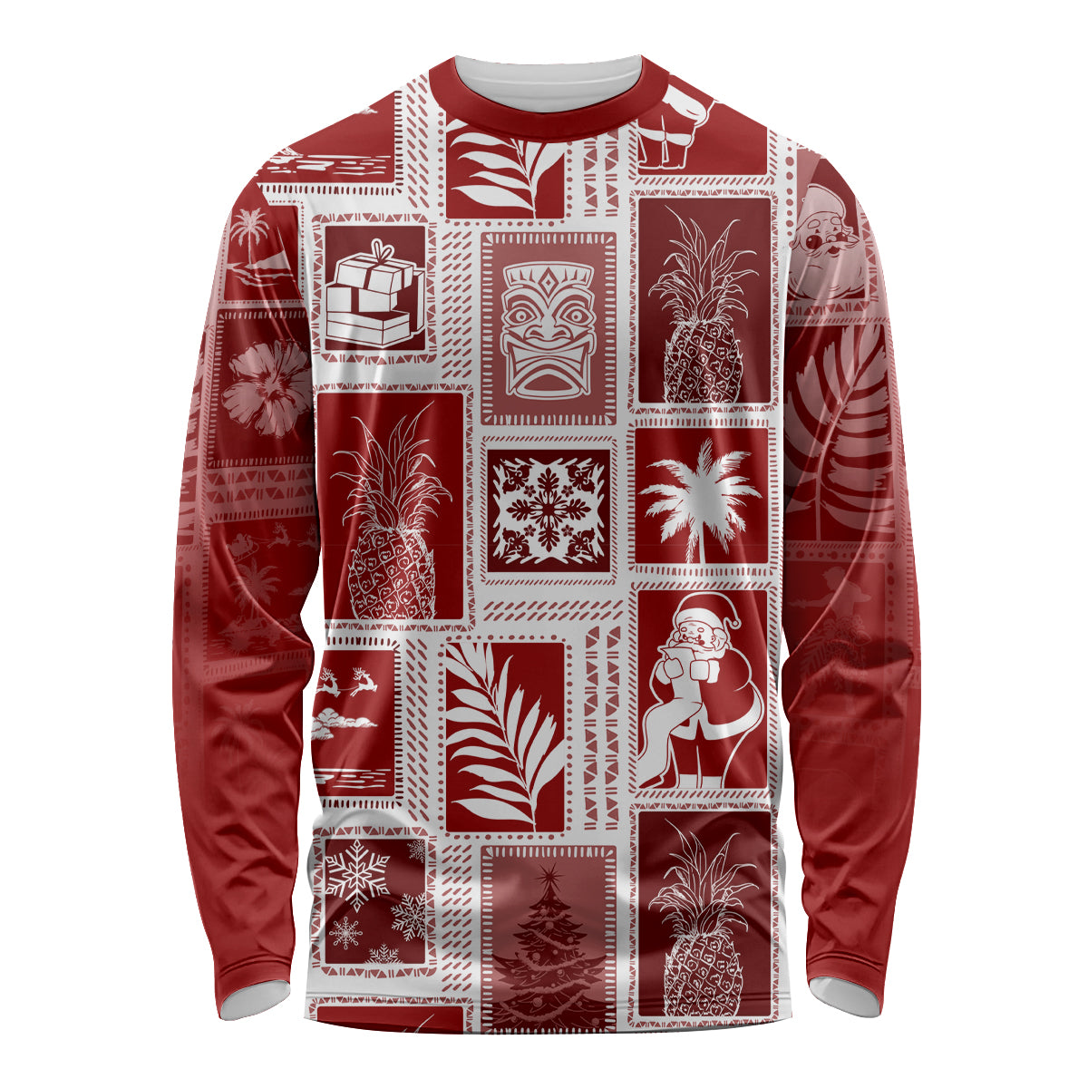 Red patchwork long-sleeve shirt with holiday icons and tropical prints, crew neck