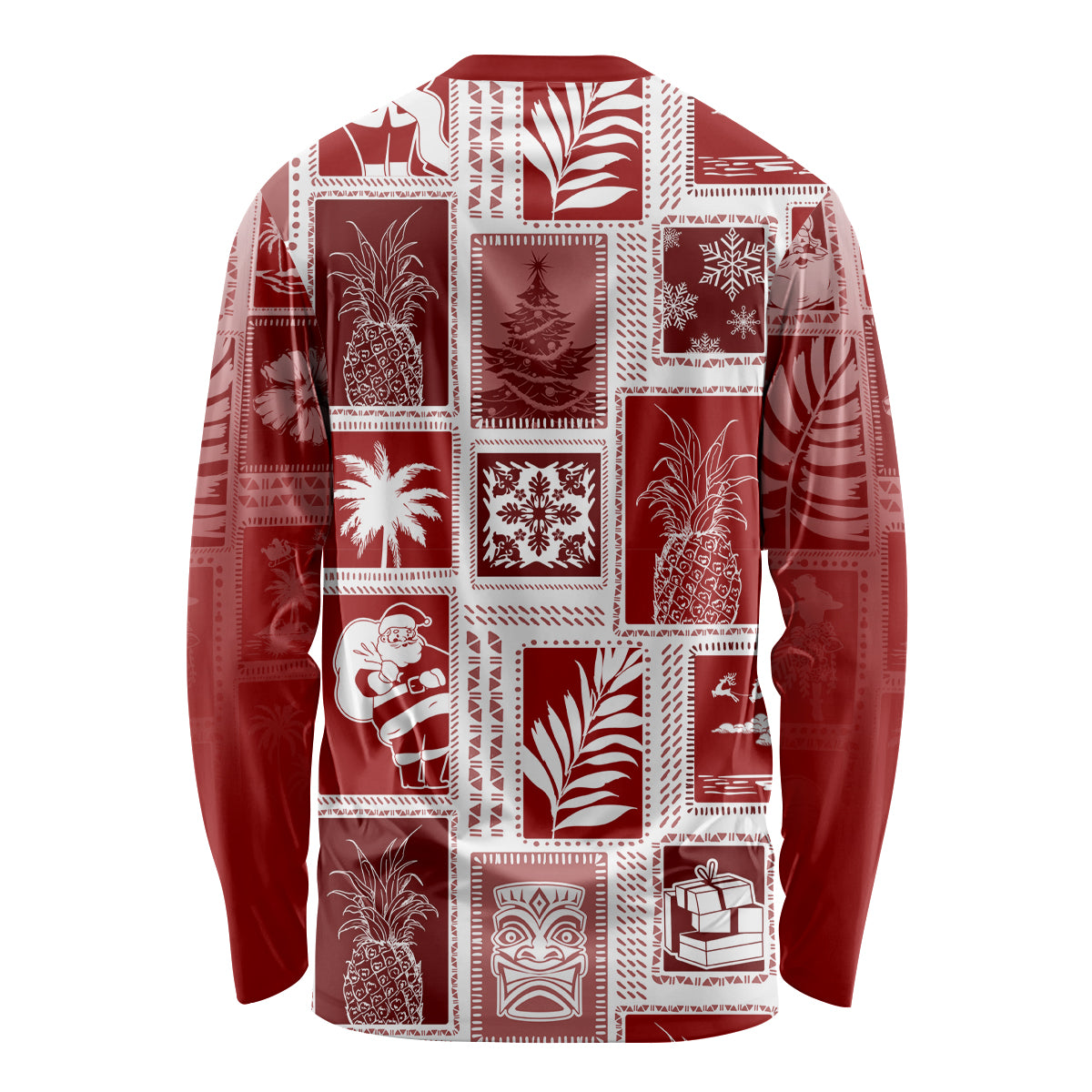 Red patchwork long-sleeve shirt back print with holiday and tropical blocks, crew neck