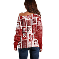 Red off-shoulder patchwork sweater, back view with festive geometric print