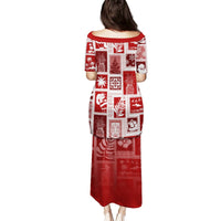 Red long dress back view with short sleeves and patchwork holiday print