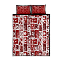Red patchwork quilt set with two holiday print pillows, white stitched squares pattern