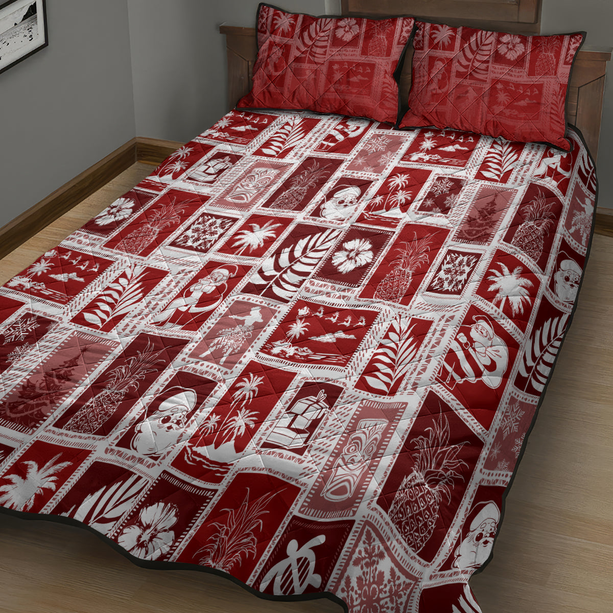 Red holiday patchwork quilt with two matching pillows, white square blocks and motifs