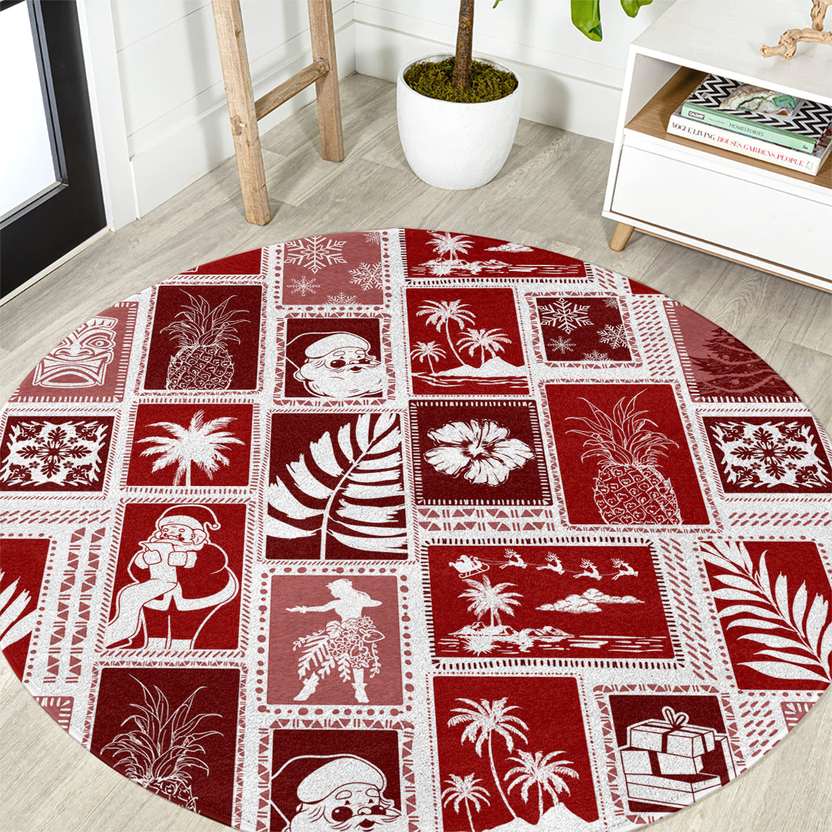 Red round patchwork holiday carpet with white framed scenes and festive icons