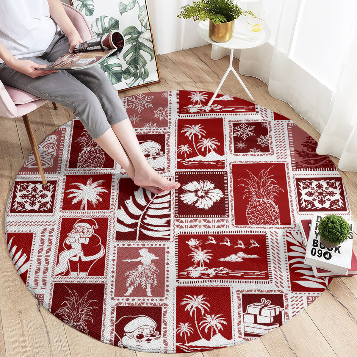 Red round rug featuring white patchwork squares with holiday trees, presents, and birds