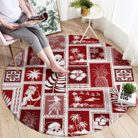 Red round rug featuring white patchwork squares with holiday trees, presents, and birds