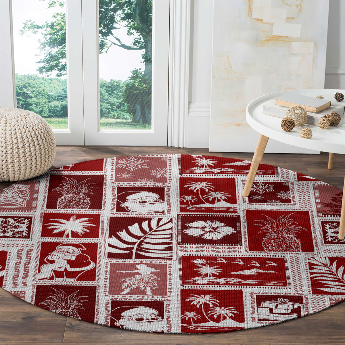 Red round holiday patchwork carpet with white framed graphics, pine trees, and ornaments