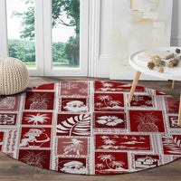 Red round holiday patchwork carpet with white framed graphics, pine trees, and ornaments