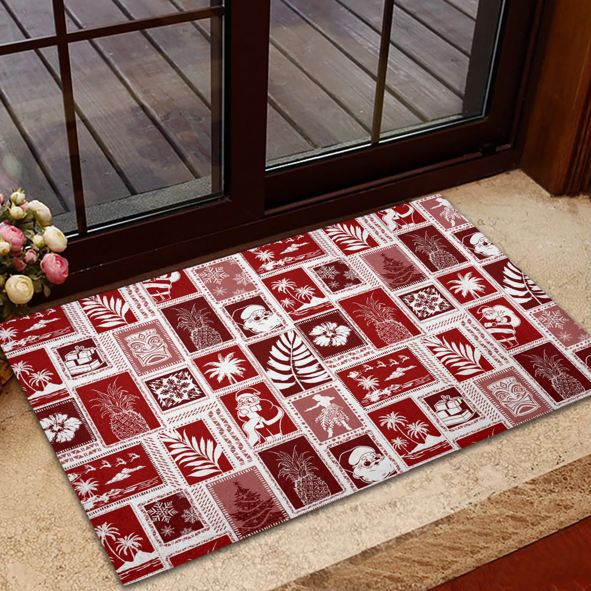 Red rubber doormat with white patchwork holiday icons, rectangular outdoor mat