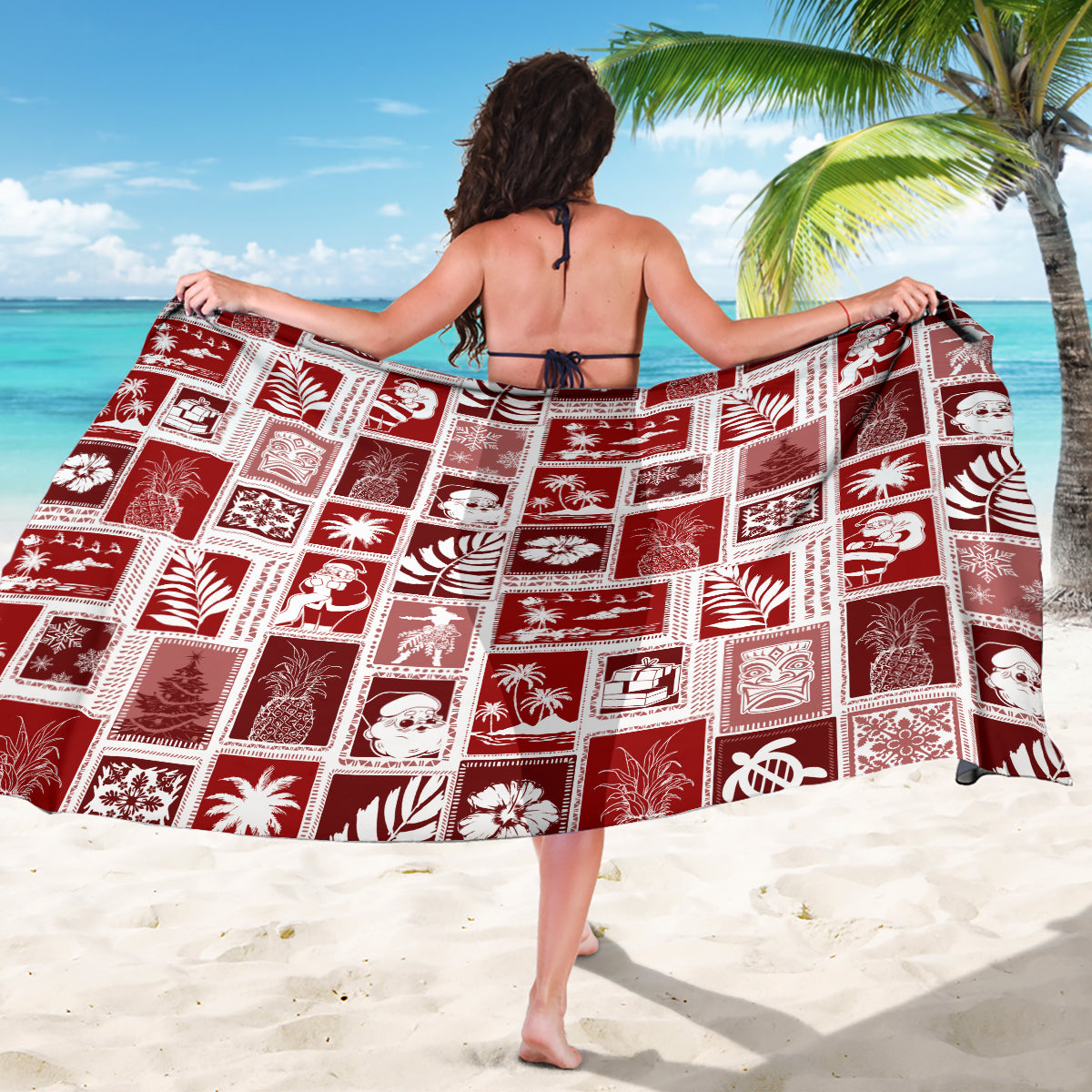 Red patchwork sarong with white square pattern, skirt-style drape from behind