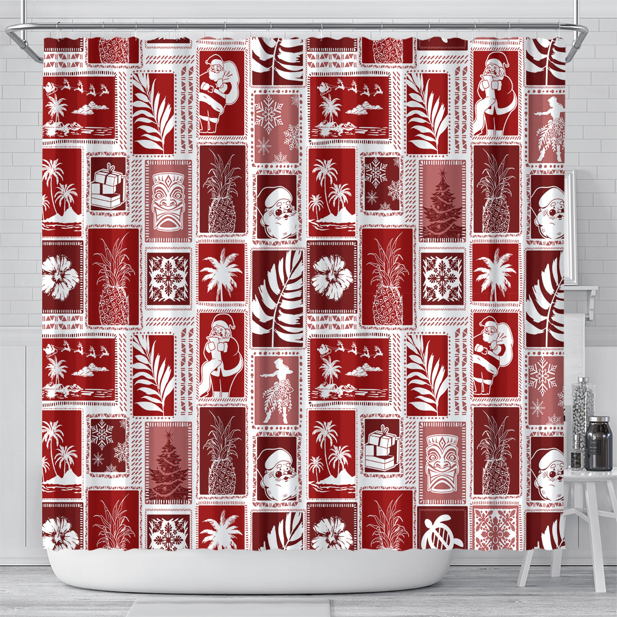 Red Christmas shower curtain with retro patchwork design featuring Santa and winter motifs