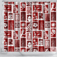 Red Christmas shower curtain panel with repeating retro patchwork blocks and Santa icons