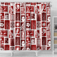 Red retro patchwork shower curtain with Santa, presents, pine trees, and snowflake patterns