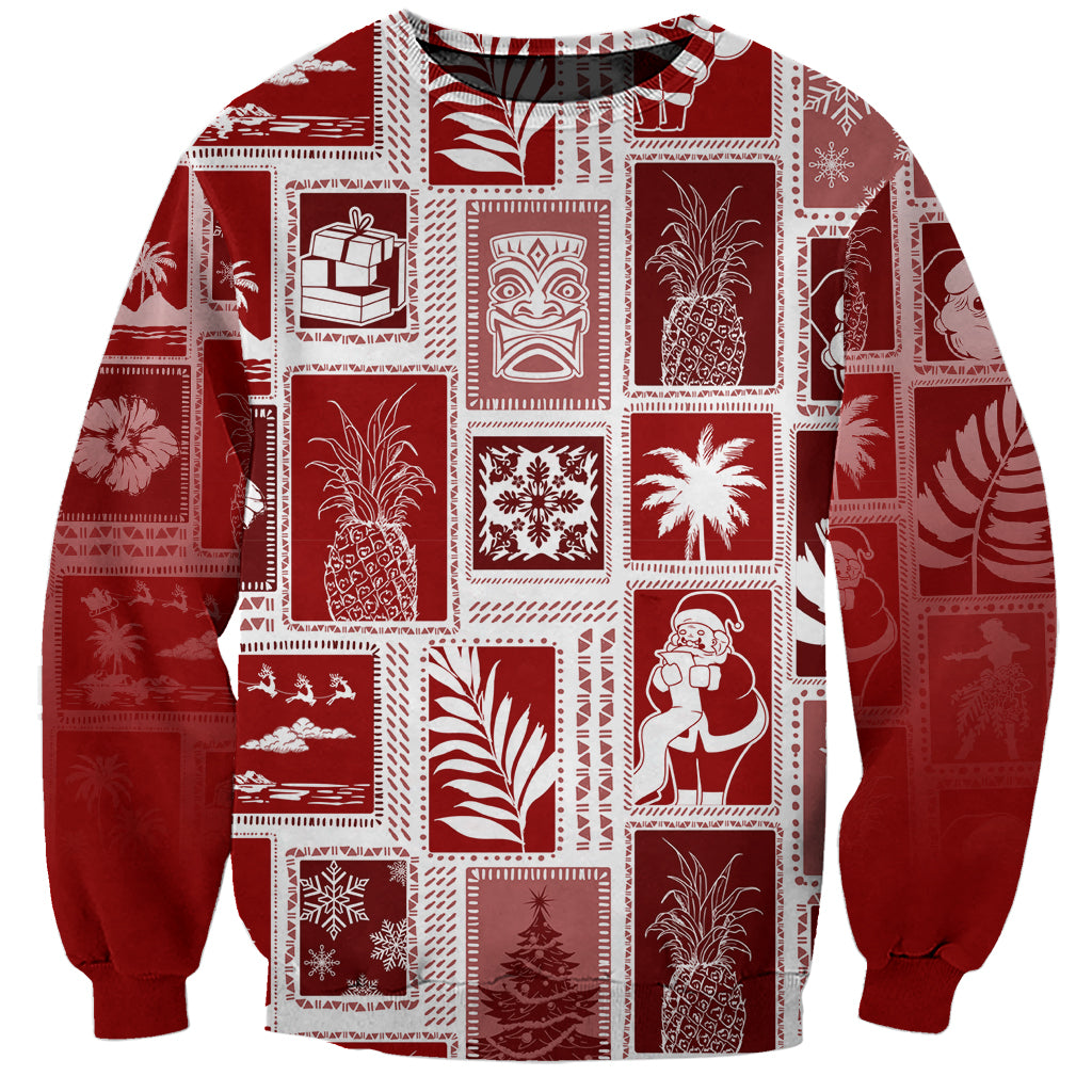 Red unisex sweatshirt with white patchwork holiday graphic prints and crew neck cuffs