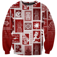 Red unisex sweatshirt with white patchwork holiday graphic prints and crew neck cuffs