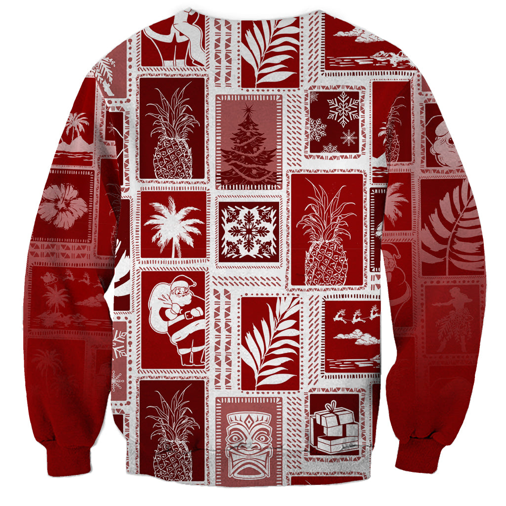 Red crewneck sweatshirt with white patchwork blocks of holiday motifs; long sleeves