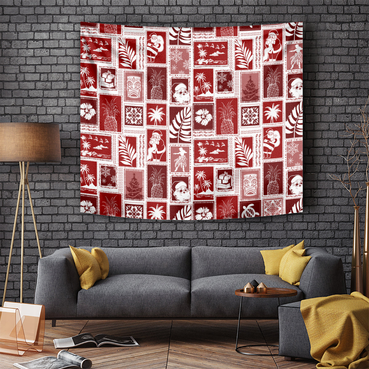 Red patchwork tapestry with white festive island motifs, rectangular wall hanging