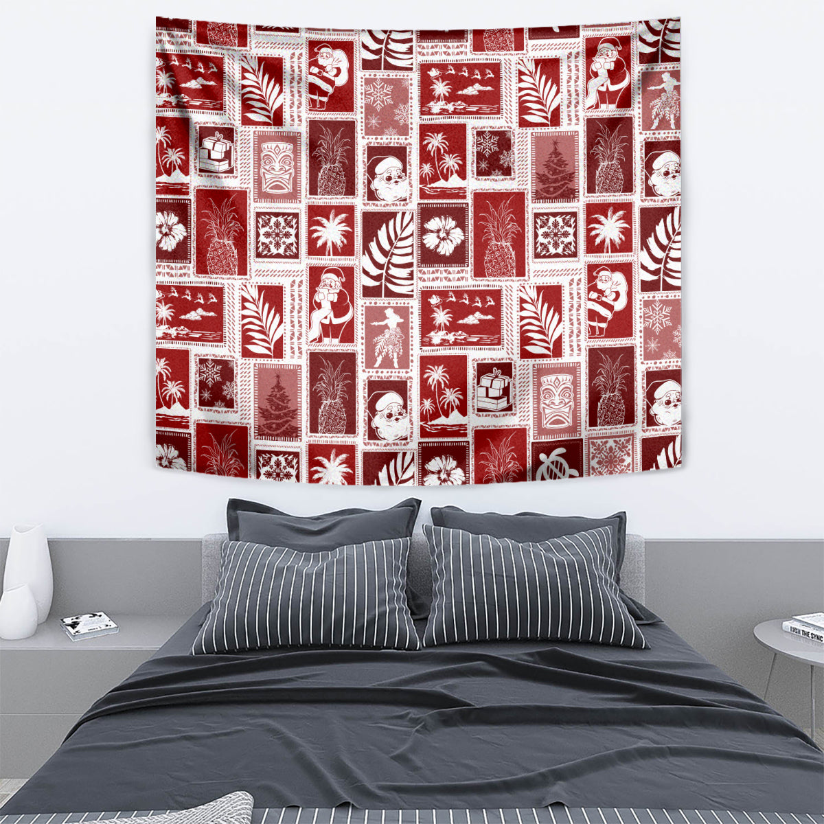 Red patchwork tapestry with white holiday island icons, rectangular fabric wall hanging