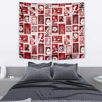 Red patchwork tapestry with white holiday island icons, rectangular fabric wall hanging