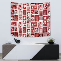 Red patchwork tapestry with white holiday island blocks, wall hanging on wall