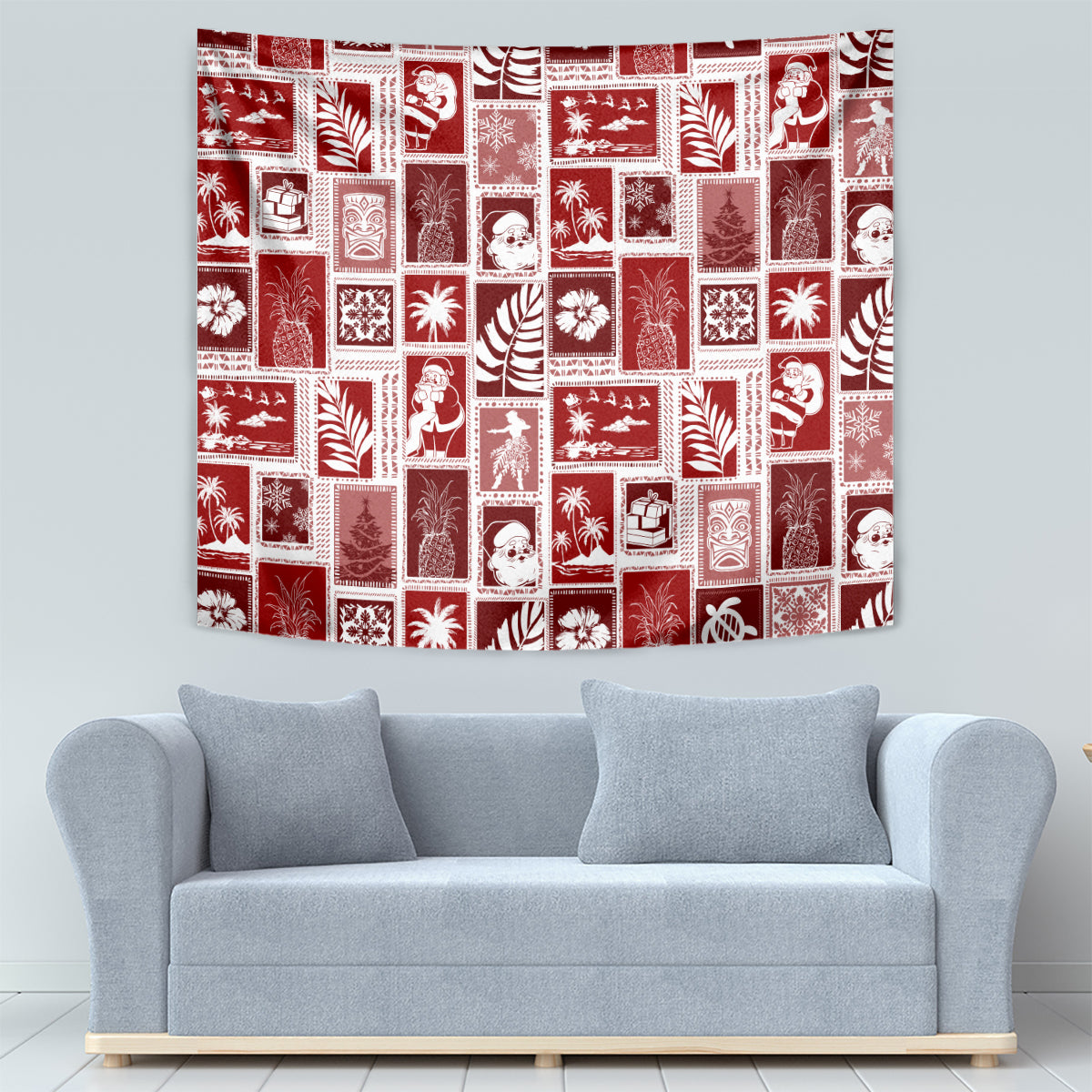 Red patchwork tapestry with white patchwork icons, rectangular wall hanging