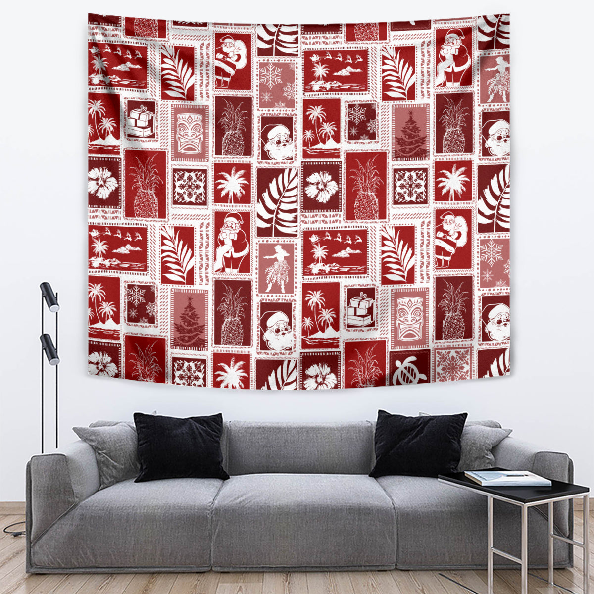 Red patchwork tapestry with white tropical icon squares, rectangular wall hanging
