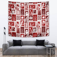 Red patchwork tapestry with white tropical icon squares, rectangular wall hanging