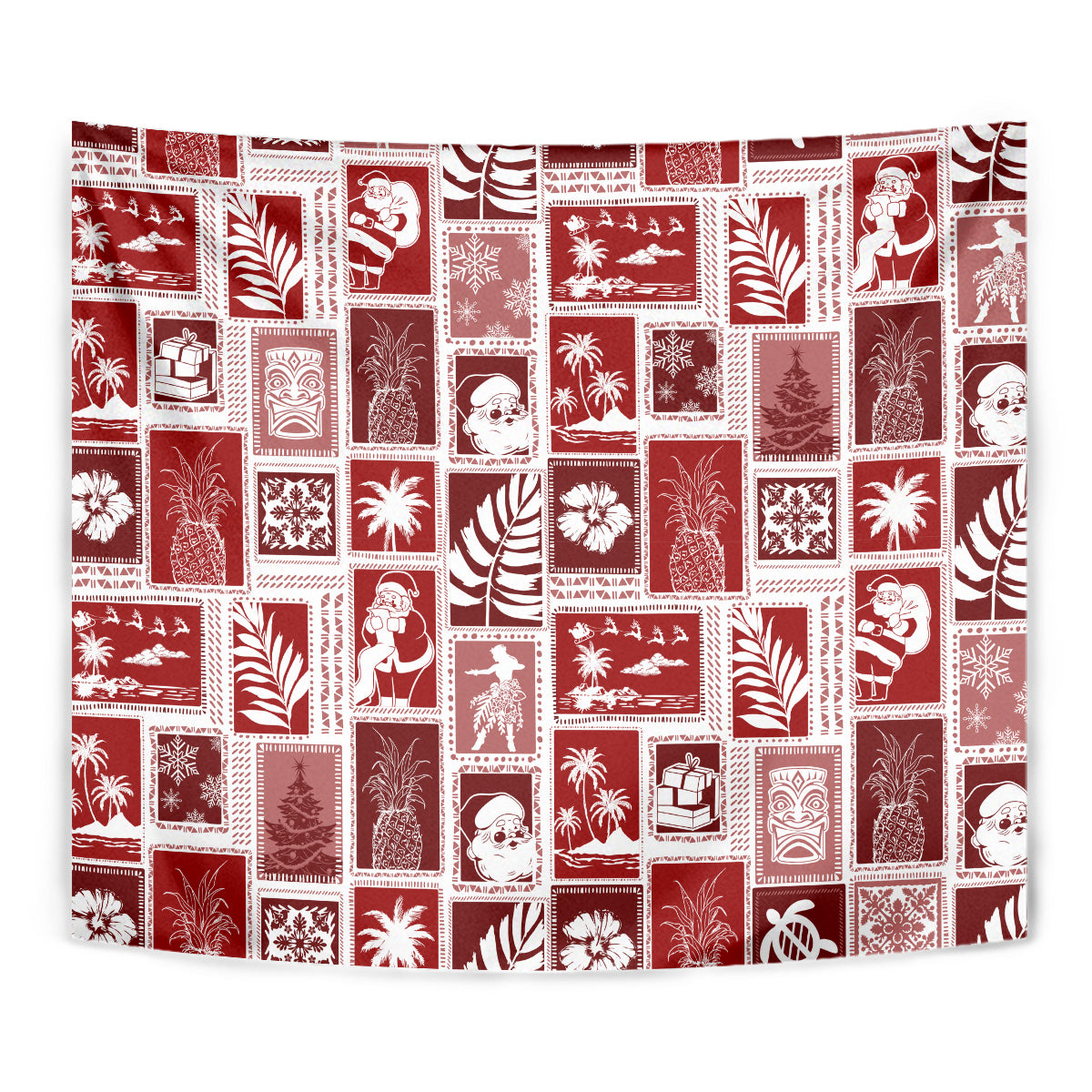 Red patchwork tapestry with white printed patch blocks, rectangular fabric wall hanging