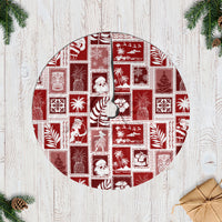 Red patchwork Christmas tree skirt with white trim and circular border